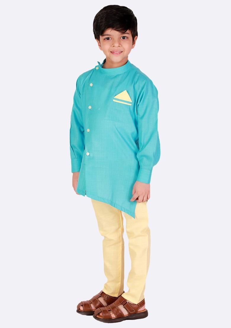 Boys Turquoise Blue Regular Pure Cotton Kurta With Pyjamas