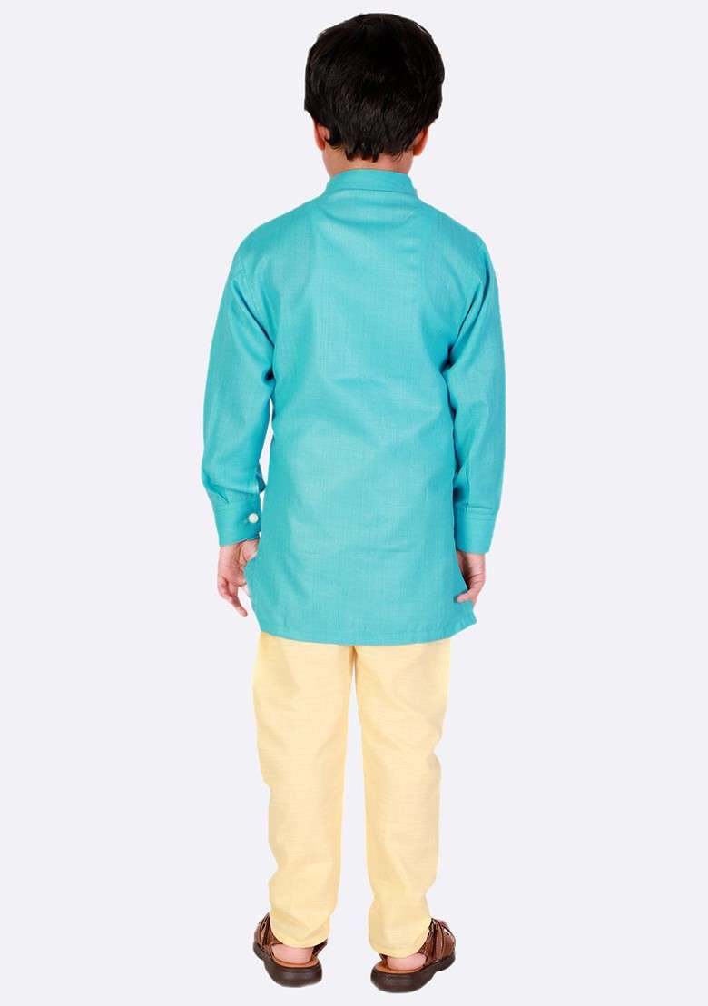Boys Turquoise Blue Regular Pure Cotton Kurta With Pyjamas - Indya