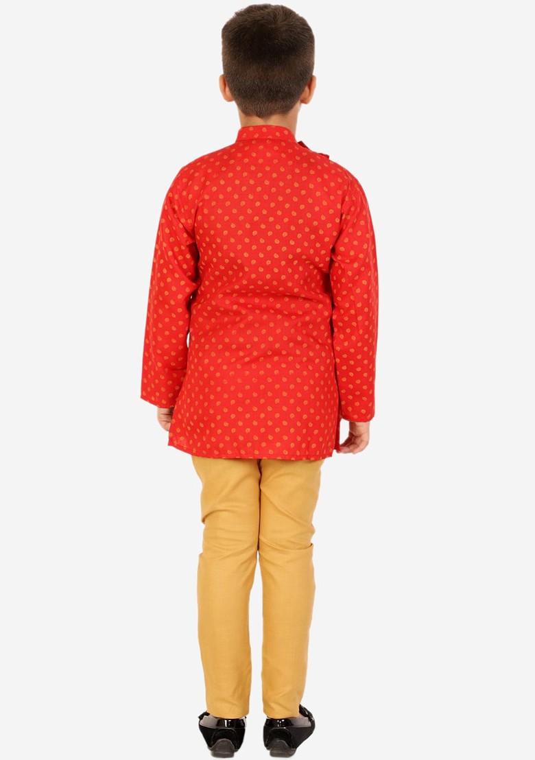 Boys Mandarin Collar Ethnic Motifs Printed Pure Cotton Kurta With Churidar