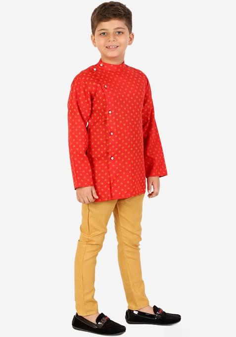 Boys Mandarin Collar Ethnic Motifs Printed Pure Cotton Kurta With Churidar