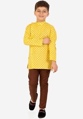 Boys Floral Printed Regular Pure Cotton Kurta With Pyjamas