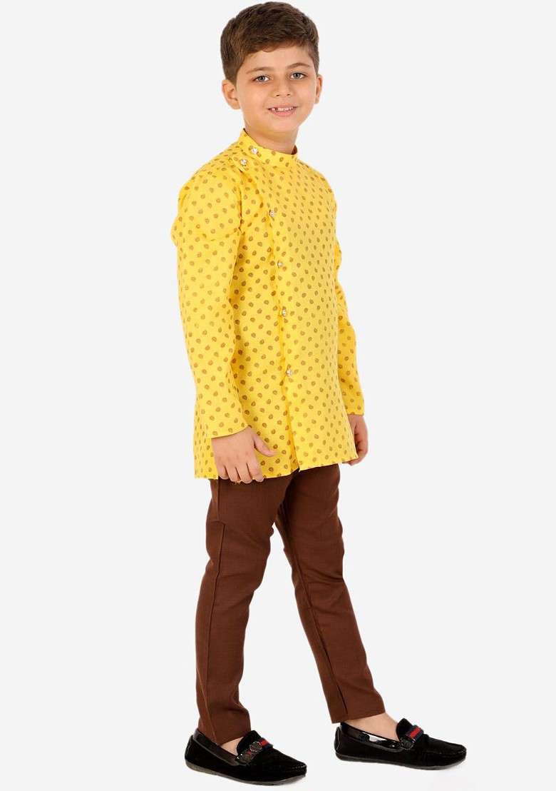 Boys Floral Printed Regular Pure Cotton Kurta With Pyjamas - Indya