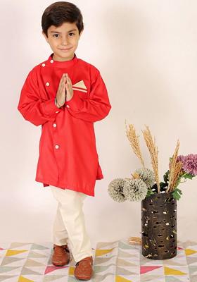 Boys Band Collar Pure Cotton Straight Kurta With Pyjama