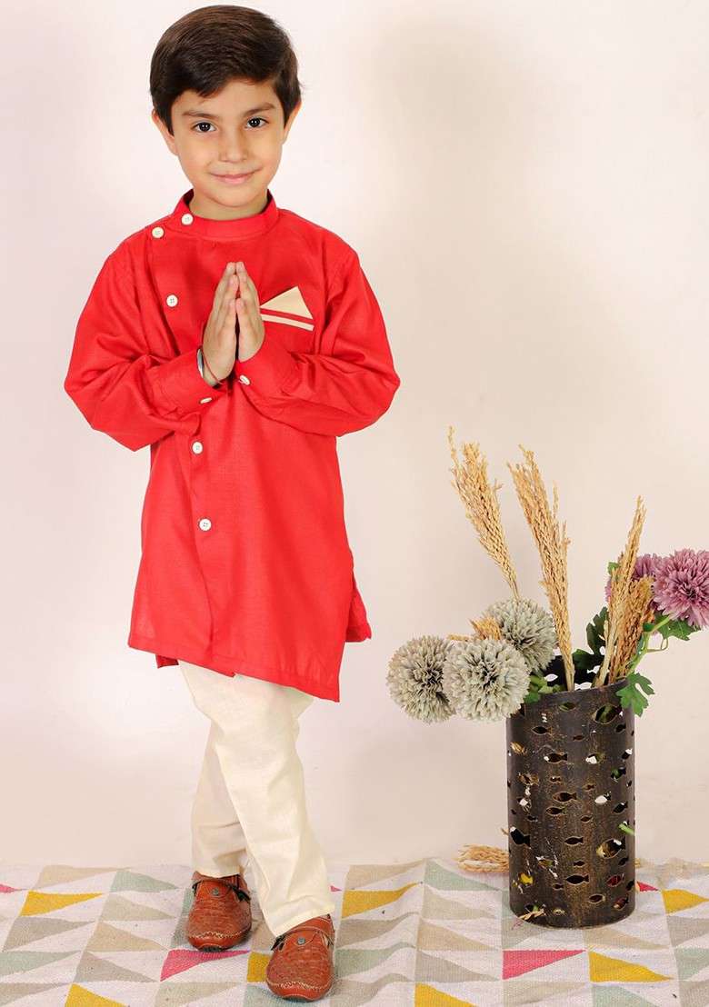 Boys Band Collar Pure Cotton Straight Kurta With Pyjama - Indya