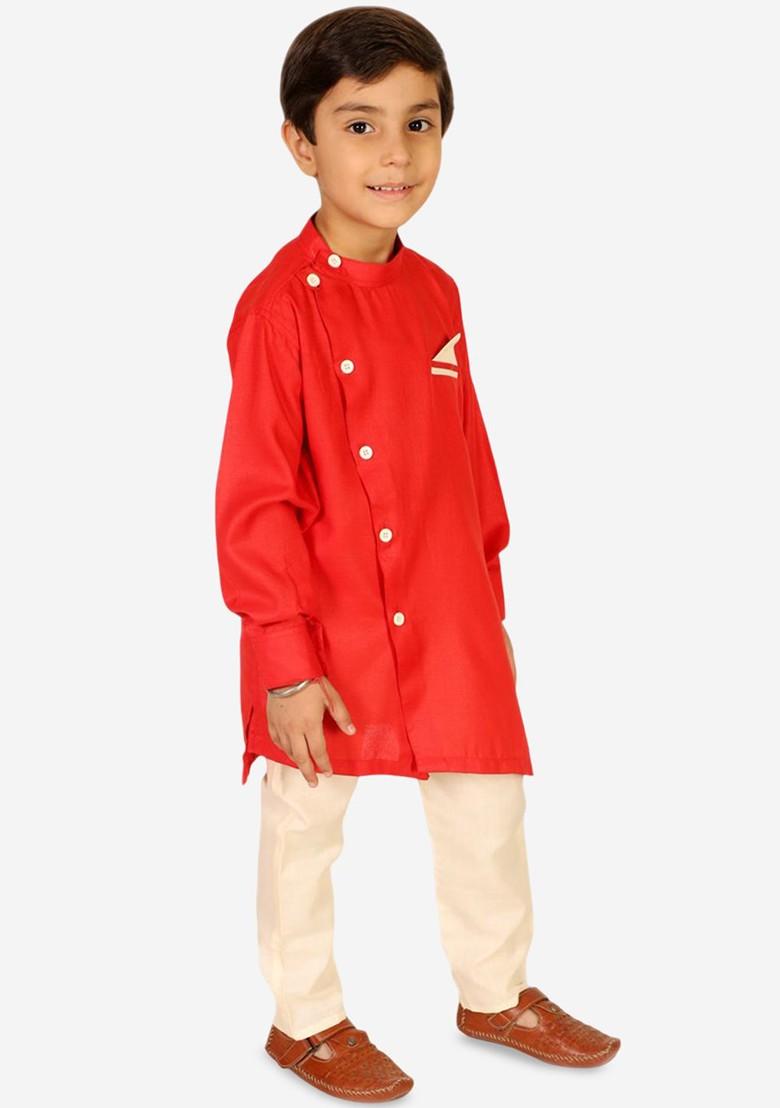 Boys Band Collar Pure Cotton Straight Kurta With Pyjama