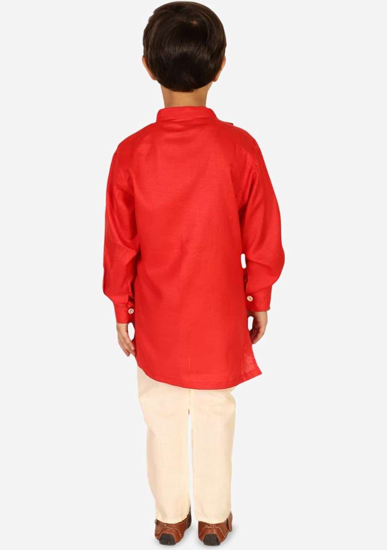 Boys Band Collar Pure Cotton Straight Kurta With Pyjama - Indya