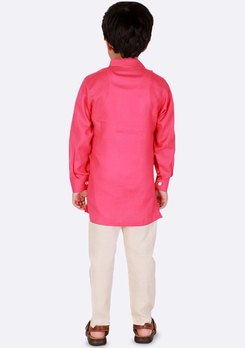 Boys Band Collar Pure Cotton Straight Kurta With Pyjama - Indya