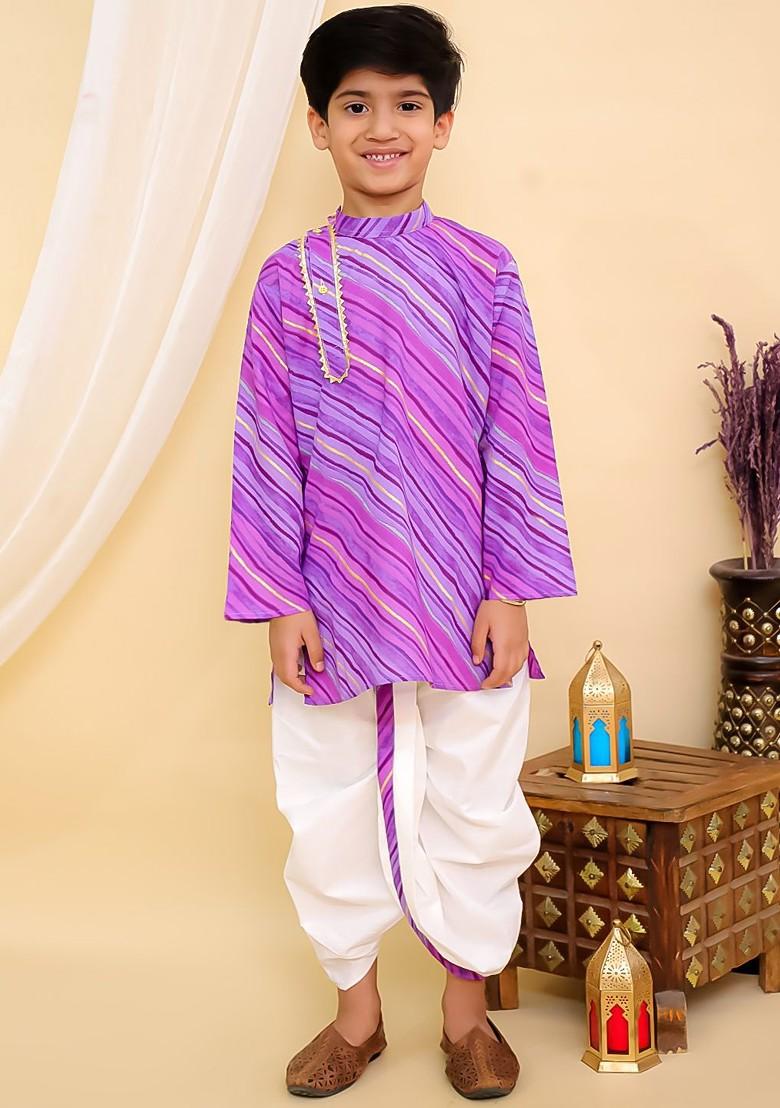 Boys Leheriya Printed Band Collar Pure Cotton Straight Kurta With Dhoti Pants