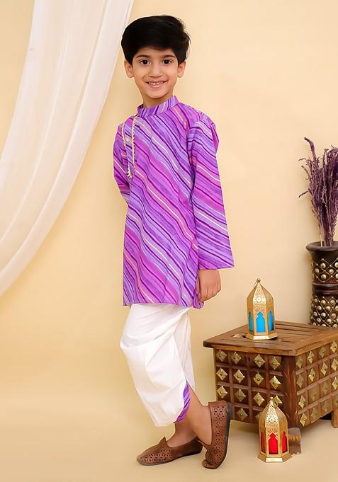 Boys Leheriya Printed Band Collar Pure Cotton Straight Kurta With Dhoti Pants