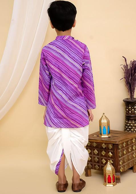 Boys Leheriya Printed Band Collar Pure Cotton Straight Kurta With Dhoti Pants