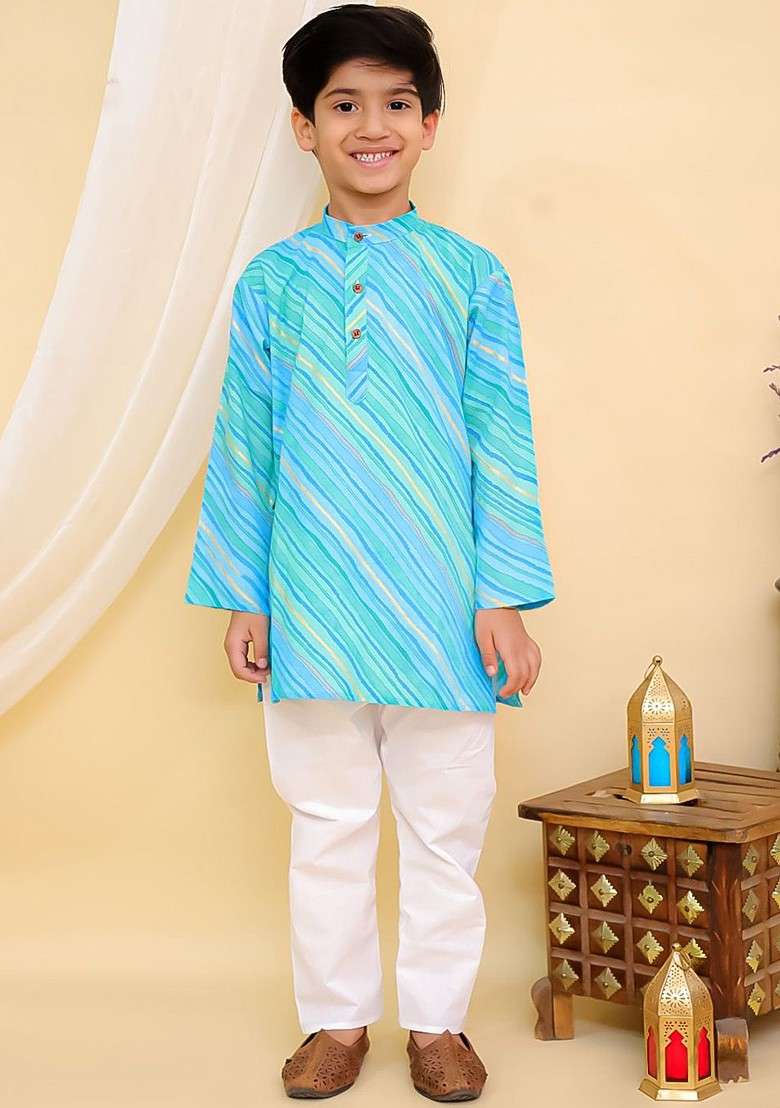 Boys Leheriya Printed Layered Band Collar Pure Cotton Kurta With Pyjamas - Indya