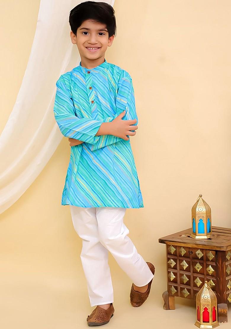 Boys Leheriya Printed Layered Band Collar Pure Cotton Kurta With Pyjamas