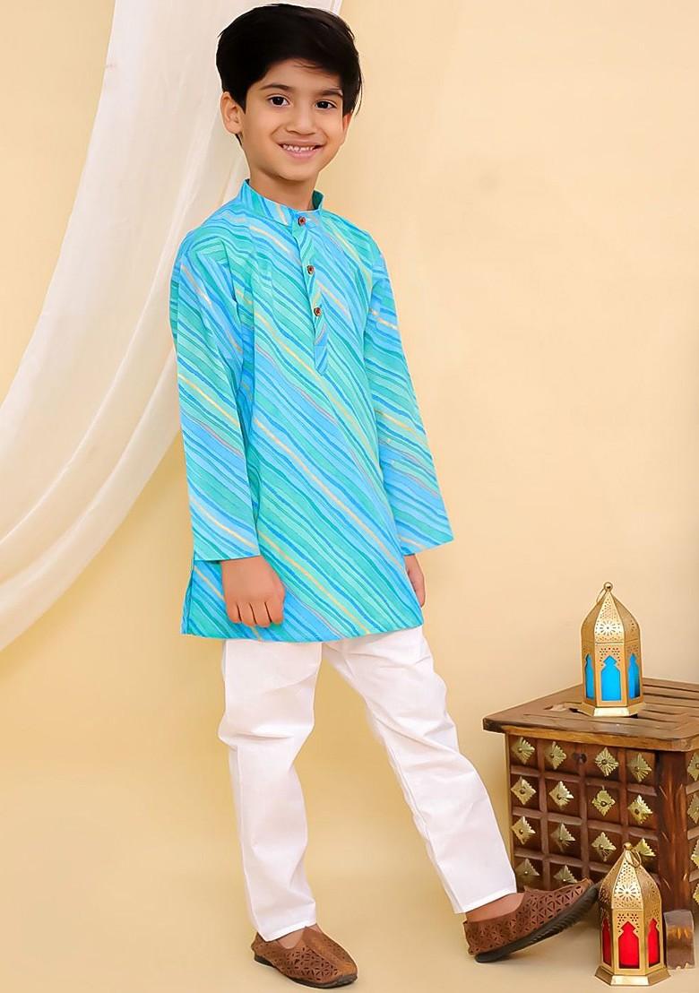 Boys Leheriya Printed Layered Band Collar Pure Cotton Kurta With Pyjamas