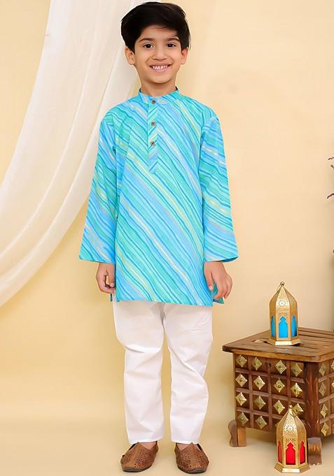 Boys Leheriya Printed Layered Band Collar Pure Cotton Kurta With Pyjamas