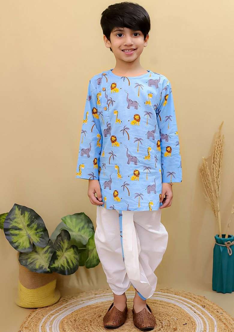 Boys Printed Pure Cotton Round Neck Straight Kurta With Dhoti Pants - Indya