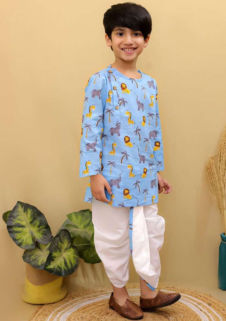 Boys Printed Pure Cotton Round Neck Straight Kurta With Dhoti Pants - Indya