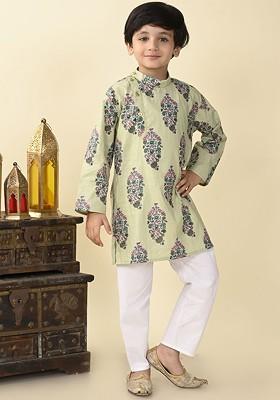 Boys Floral Printed Regular Pure Cotton Straight Kurta With Pyjamas