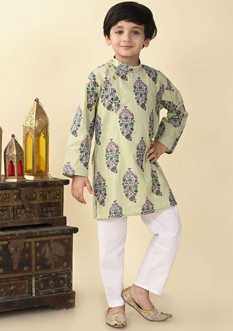 Boys Floral Printed Regular Pure Cotton Straight Kurta With Pyjamas - Indya