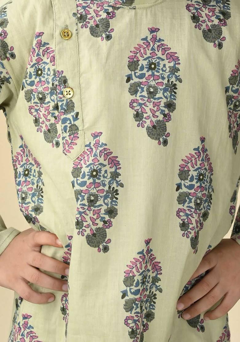 Boys Floral Printed Regular Pure Cotton Straight Kurta With Pyjamas