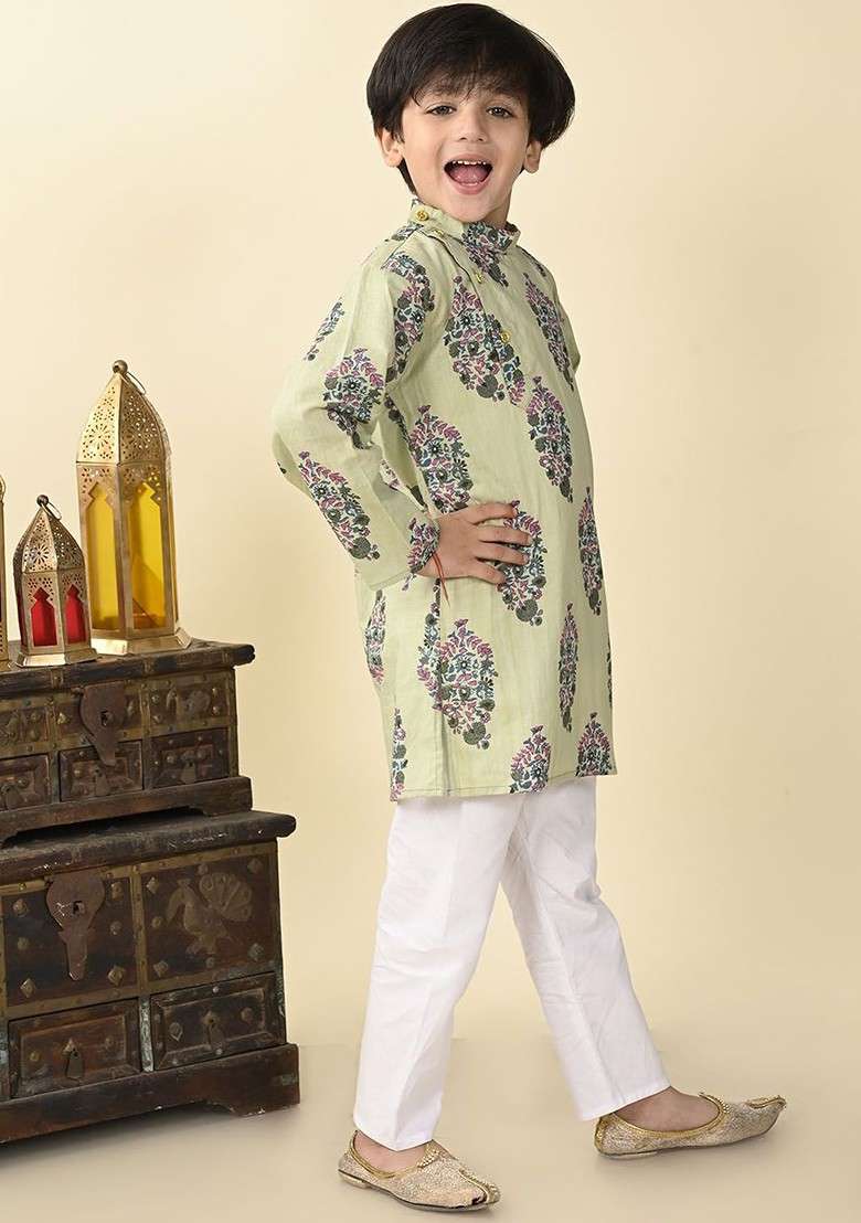 Boys Floral Printed Regular Pure Cotton Straight Kurta With Pyjamas - Indya