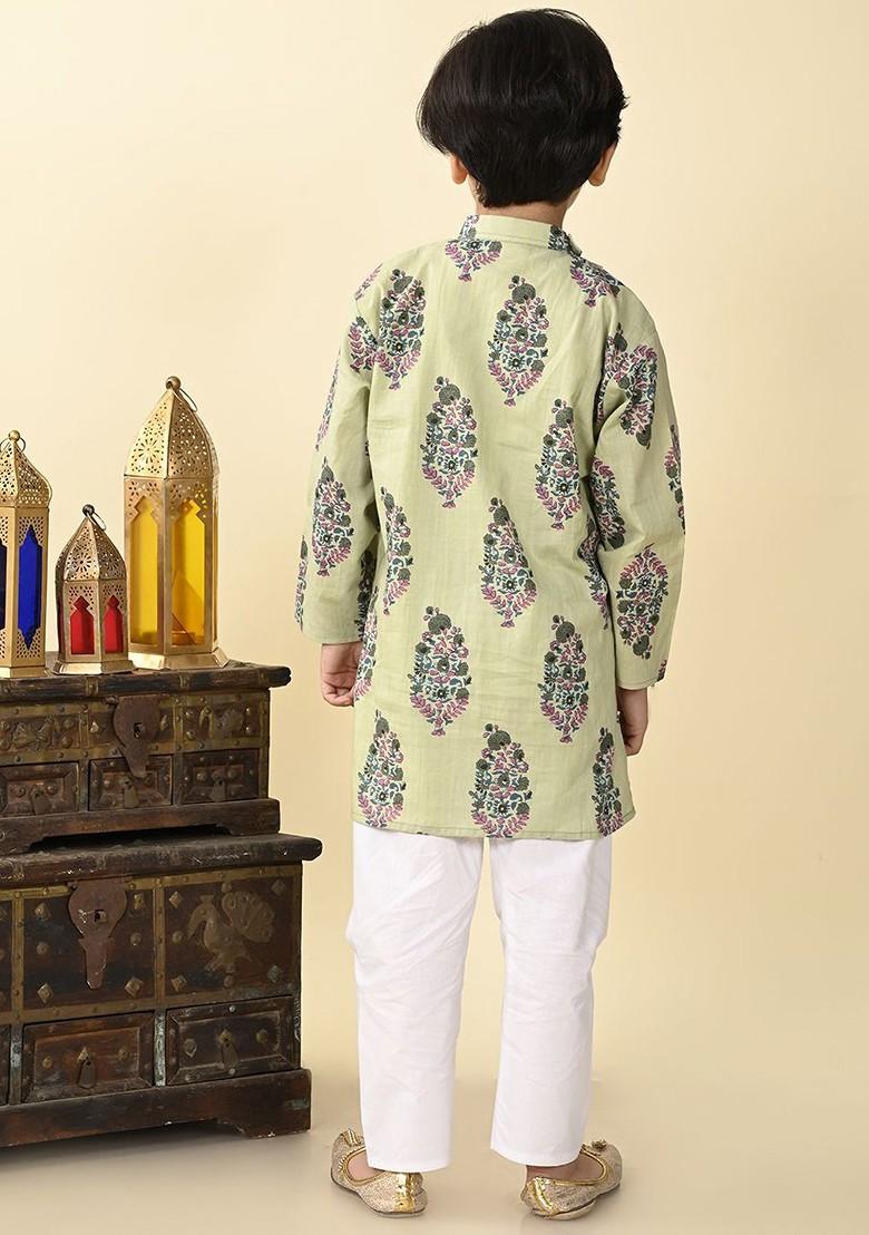 Boys Floral Printed Regular Pure Cotton Straight Kurta With Pyjamas