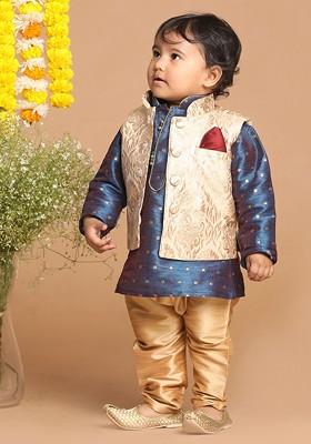 Boys Blue Silk Blend Kurta And Pyjamas With Rose Gold Woven Nehru Jacket