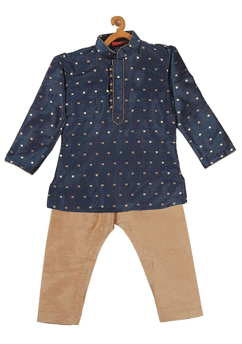 Boys Blue Silk Blend Kurta And Pyjamas With Rose Gold Woven Nehru Jacket - Indya