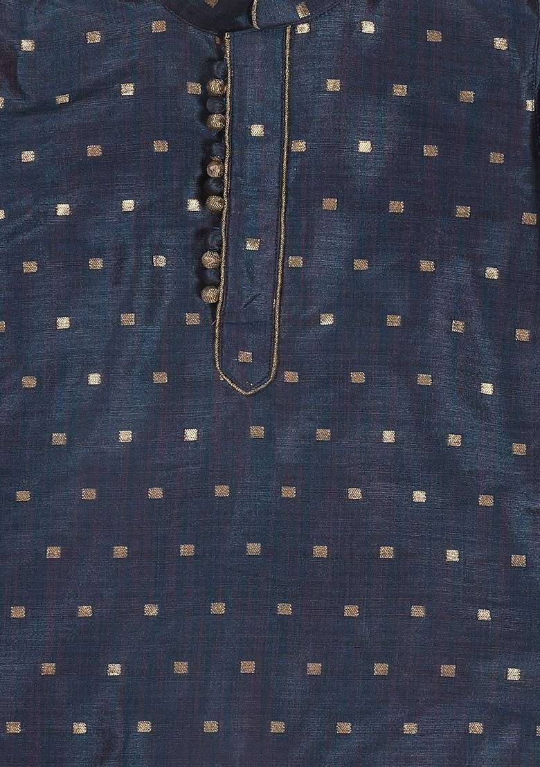 Boys Blue Silk Blend Kurta And Pyjamas With Rose Gold Woven Nehru Jacket - Indya