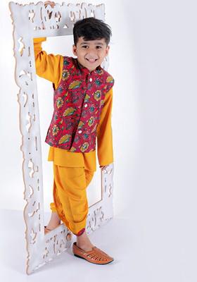 Boys Ethnic Motifs Printed Regular Kurta With Dhoti Pants And Nehru Jacket