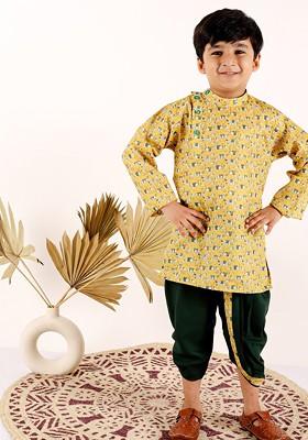 Boys Ethnic Motifs Printed Band Collar Kurta With Dhoti Pants
