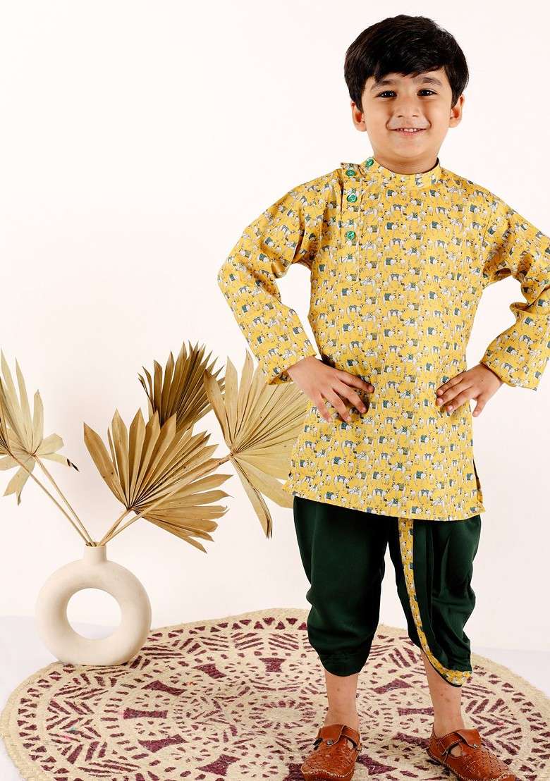 Boys Ethnic Motifs Printed Band Collar Kurta With Dhoti Pants - Indya