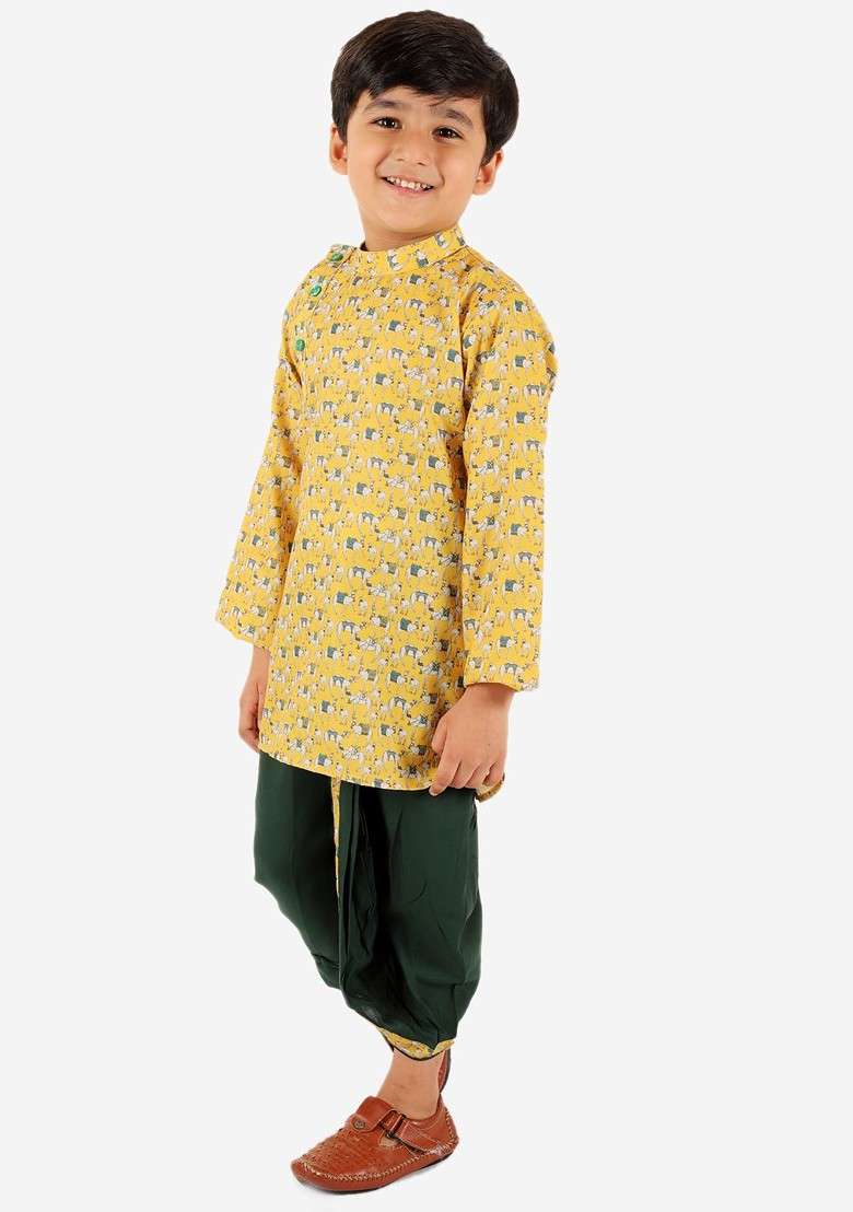 Boys Ethnic Motifs Printed Band Collar Kurta With Dhoti Pants - Indya