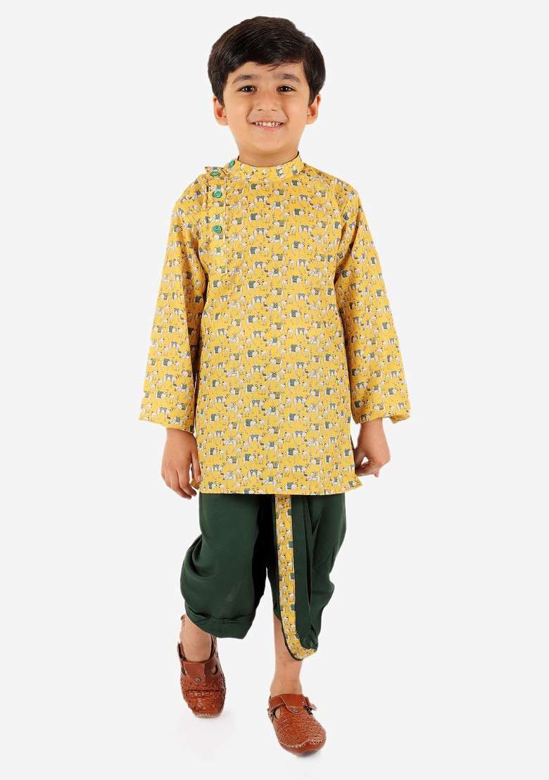 Boys Ethnic Motifs Printed Band Collar Kurta With Dhoti Pants - Indya