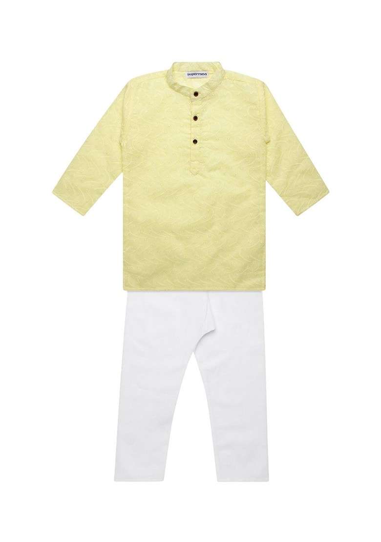 Boys Regular Chikankari Pure Cotton Kurta With Pyjamas - Indya