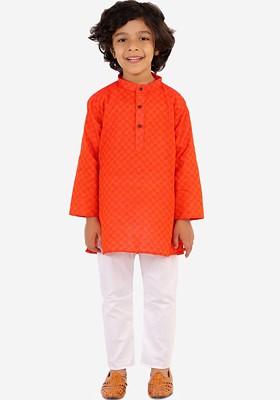 Boys Checked Pure Cotton Kurta With Pyjamas