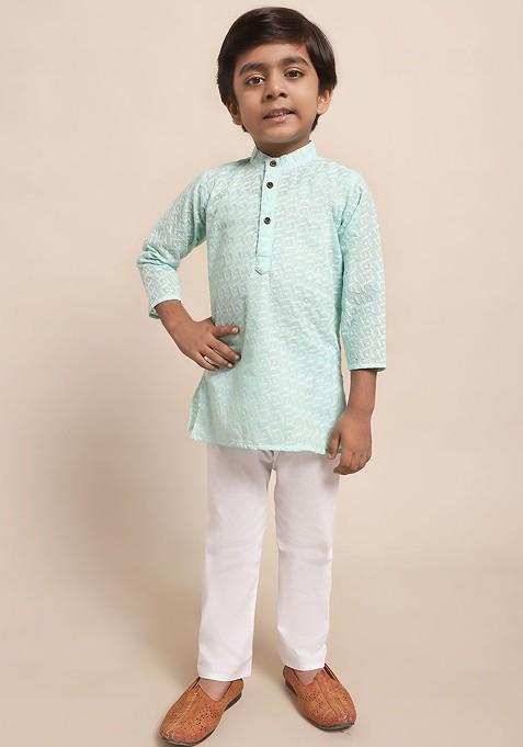 Boys Geometric Embroidered Pure Cotton Kurta With Pyjamas