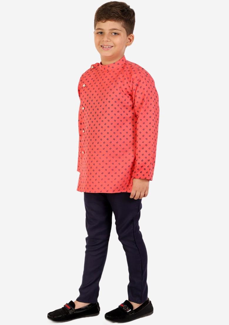 Boys Front Slit Ethnic Motifs Printed Pure Cotton Kurta With Pyjamas