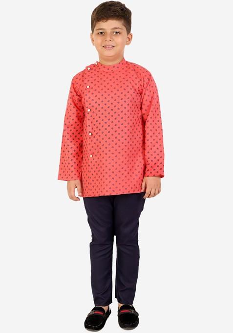 Boys Front Slit Ethnic Motifs Printed Pure Cotton Kurta With Pyjamas