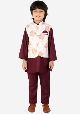 Boys Mandarin Collar Pure Cotton Kurta With Pyjamas With Nehru Jacket