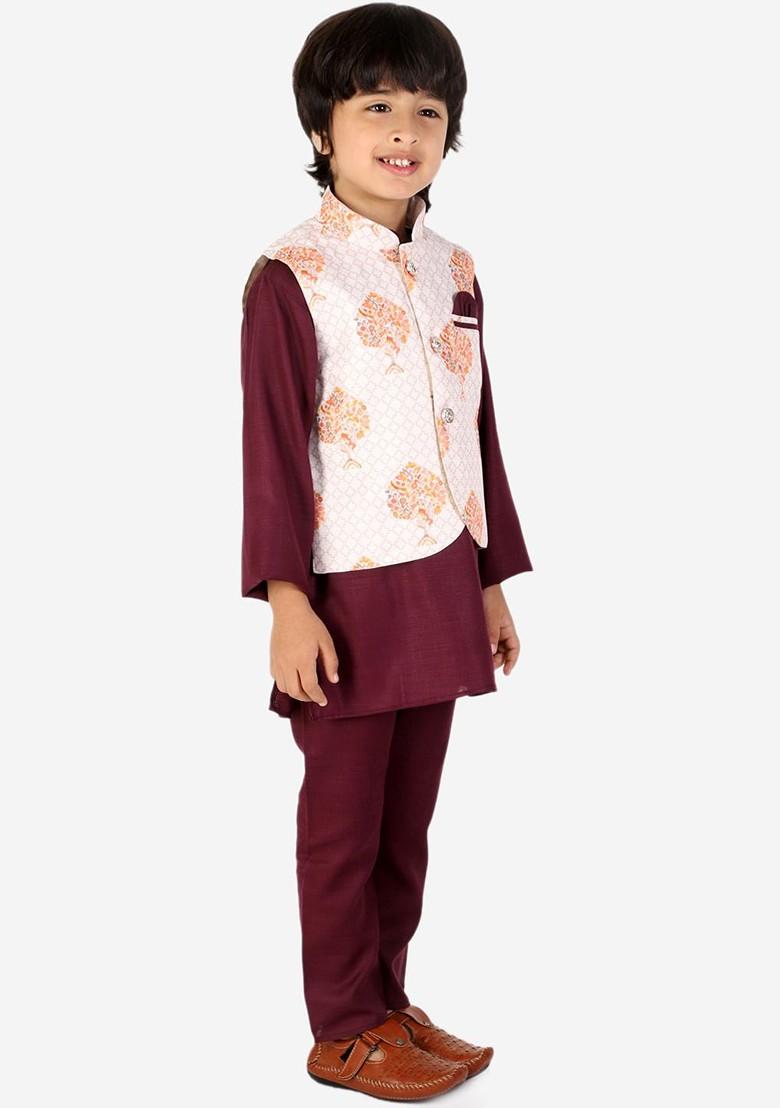 Boys Mandarin Collar Pure Cotton Kurta With Pyjamas With Nehru Jacket