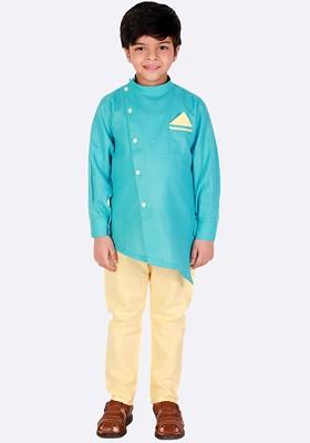 Boys Mandarin Collar Asymmetric Pure Cotton Kurta With Pyjamas