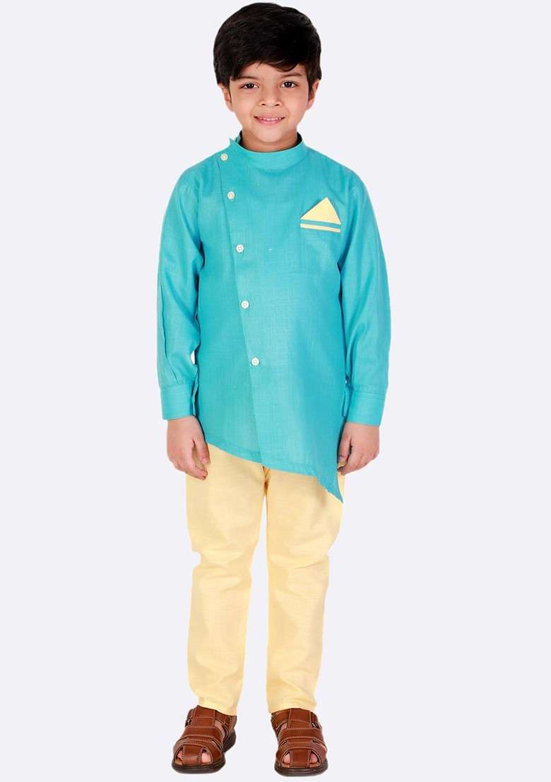 Boys Mandarin Collar Asymmetric Pure Cotton Kurta With Pyjamas - Indya
