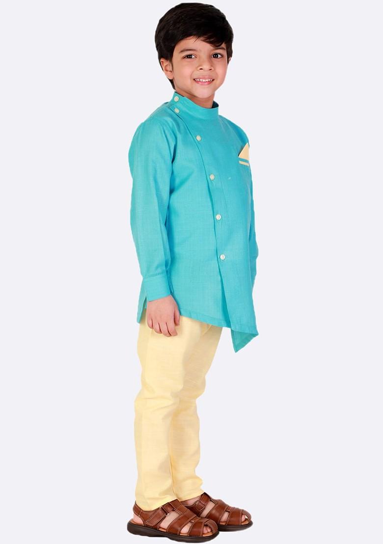 Boys Mandarin Collar Asymmetric Pure Cotton Kurta With Pyjamas