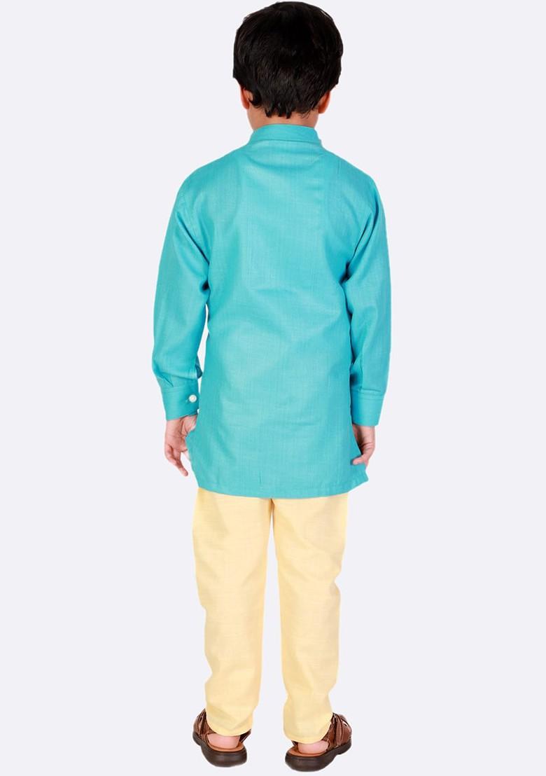 Boys Mandarin Collar Asymmetric Pure Cotton Kurta With Pyjamas