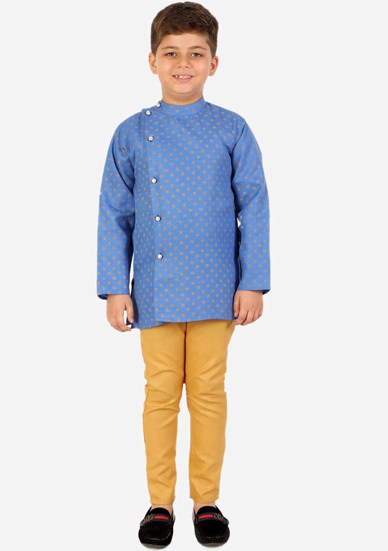 Boys Mandarin Collar Ethnic Motifs Printed Pure Cotton Kurta With Pyjamas - Indya