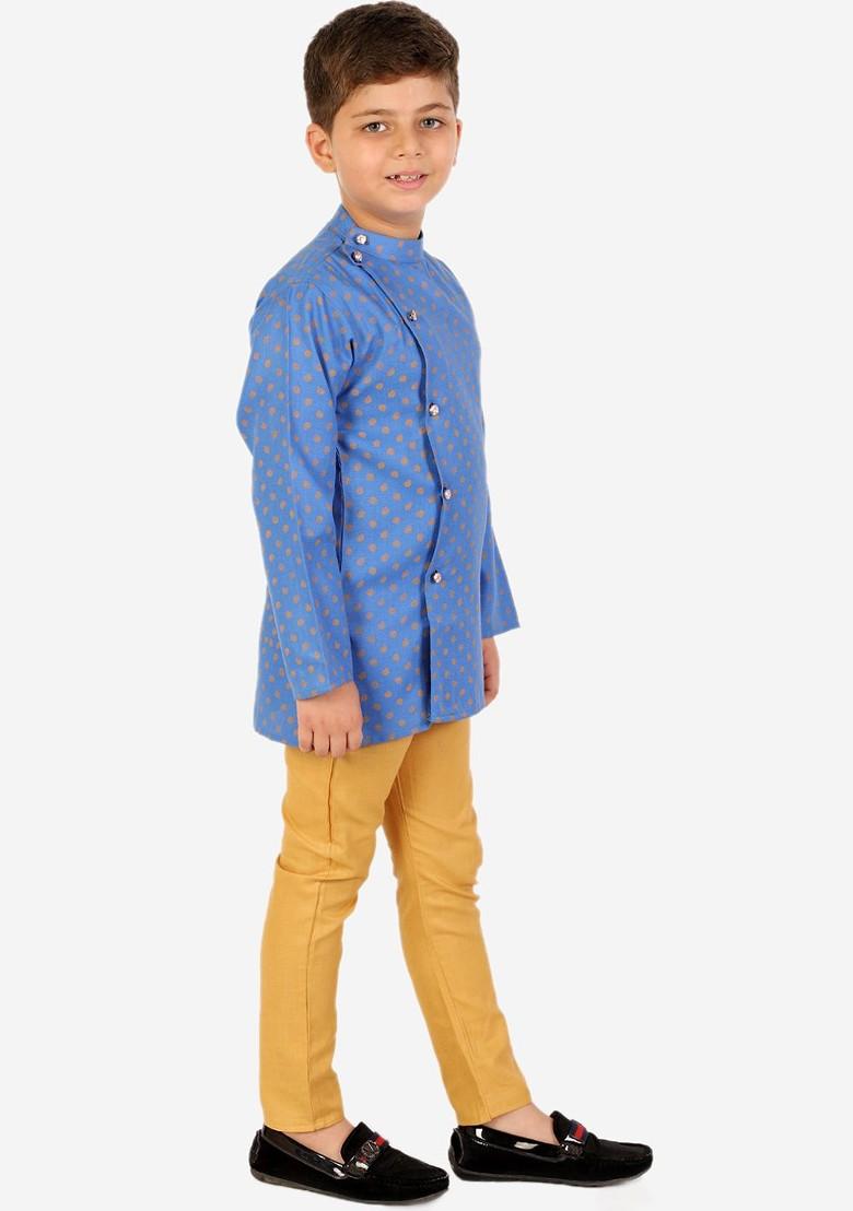 Boys Mandarin Collar Ethnic Motifs Printed Pure Cotton Kurta With Pyjamas