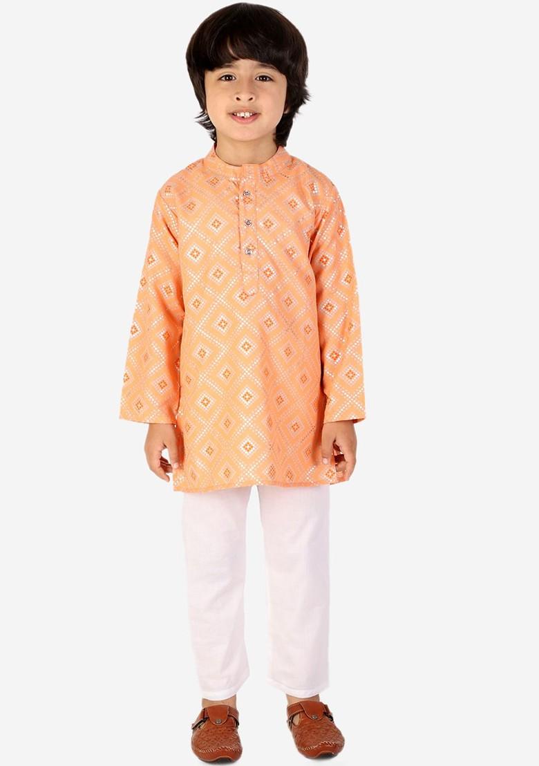Boys Ethnic Motifs Printed Band Collar Pure Cotton Kurta With Pyjamas