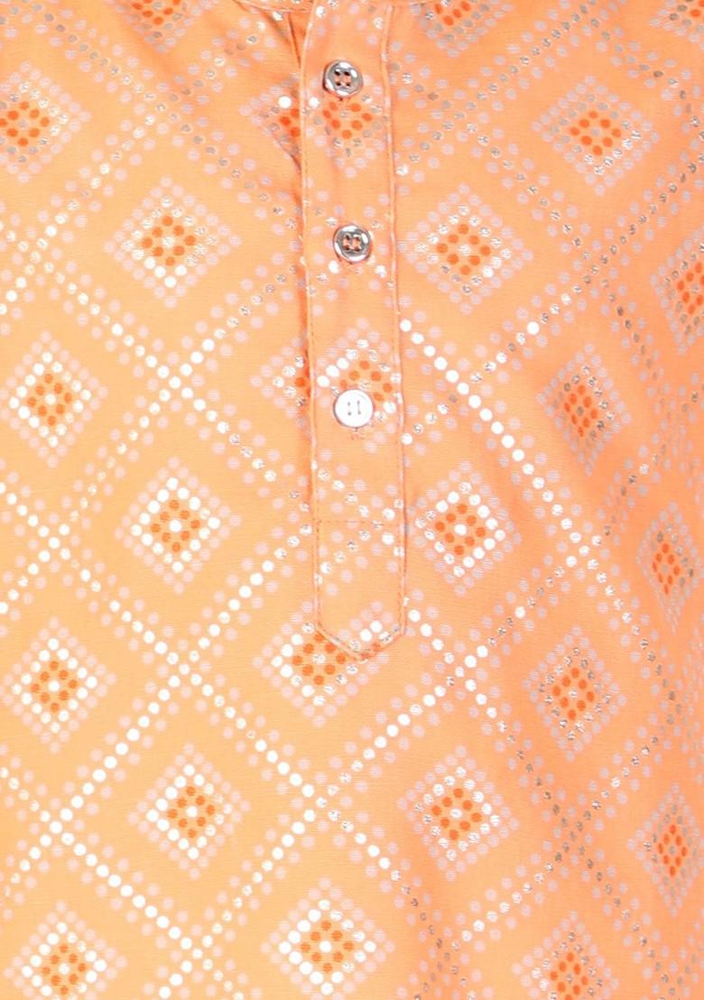 Boys Ethnic Motifs Printed Band Collar Pure Cotton Kurta With Pyjamas
