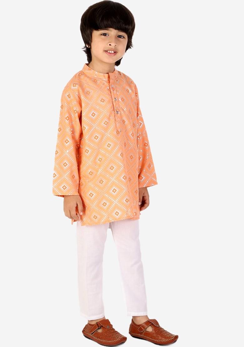 Boys Ethnic Motifs Printed Band Collar Pure Cotton Kurta With Pyjamas