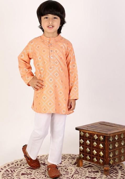 Boys Ethnic Motifs Printed Band Collar Pure Cotton Kurta With Pyjamas